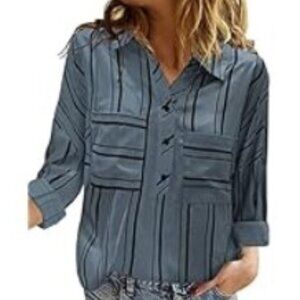 Astylish Striped Smokey Slate Blue Tunic Top Blouse - EUC